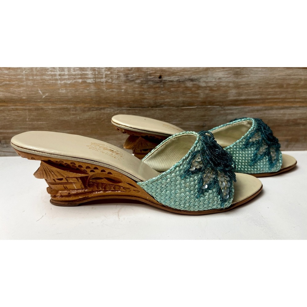 Wedge Slide Sandals Beaded Teal Wood Heel